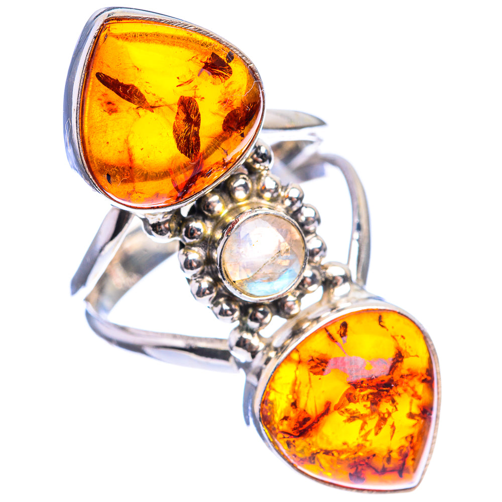 Large Baltic Amber, Rainbow Moonstone Ring Size 7.75 (925 Sterling Silver) R143060