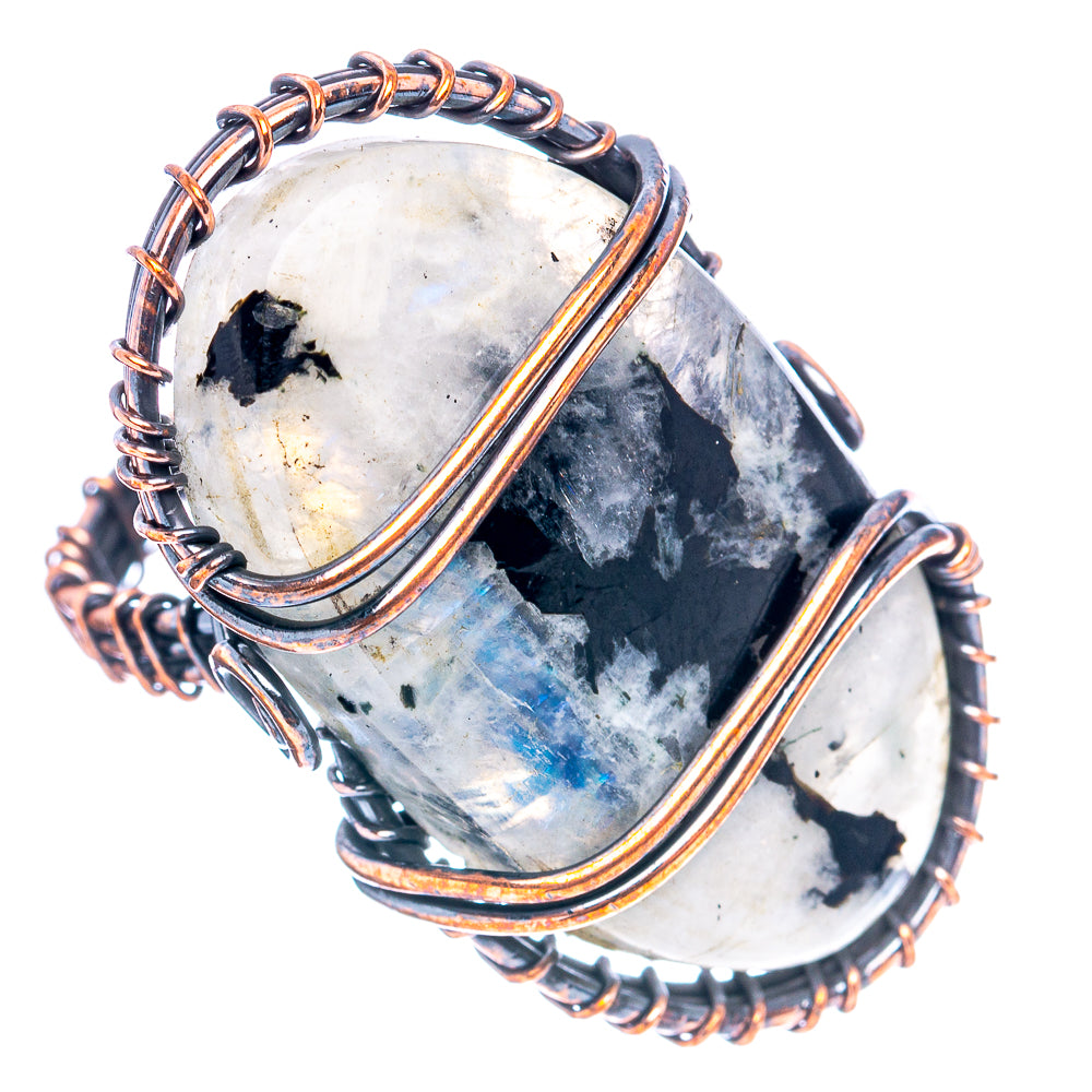 Rainbow Moonstone in Black Tourmaline Wire Wrap Ring Size 9 (Oxidized Copper)