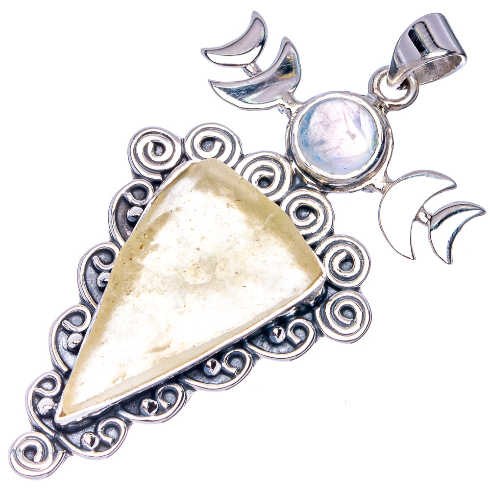 Signature Rough Libyan Desert Glass, Rainbow Moonstone Pendant 2 1/8" (925 Sterling Silver) P41177