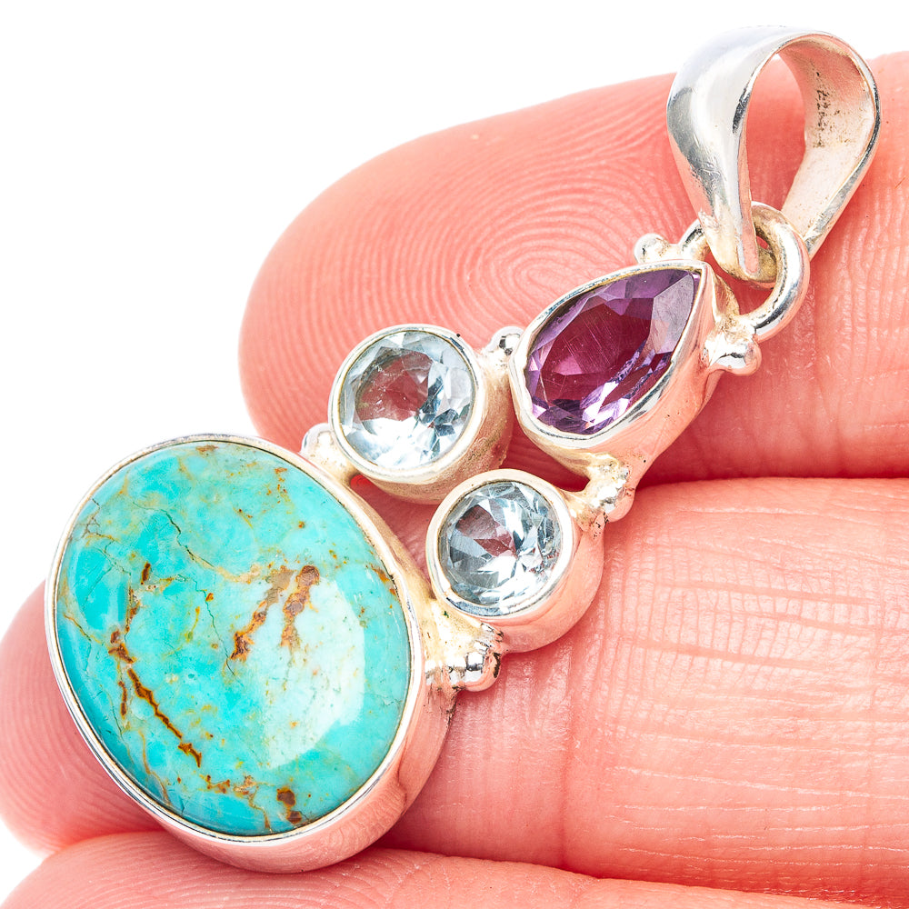 Rare Kingman Turquoise, Blue Topaz, Amethyst Pendant 1 1/2" (925 Sterling Silver) P41127