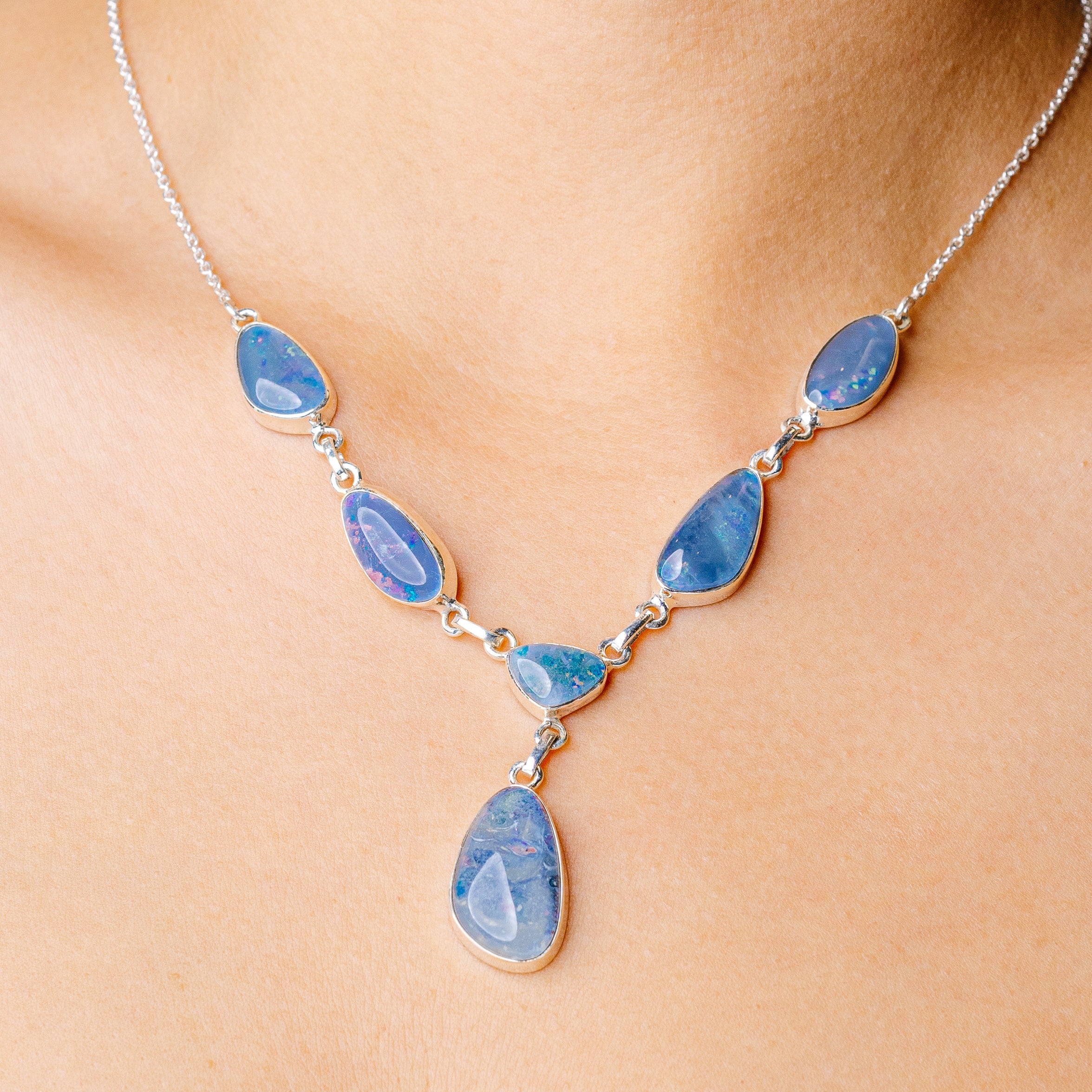 Triplet Opal Necklace 19 3/8 To 21 1/8" (925 Sterling Silver) N90276
