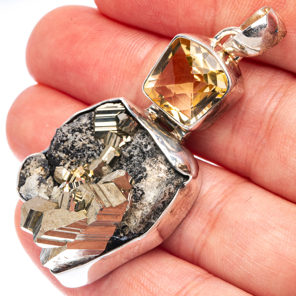 Large Pyrite Crystal, Citrine 925 Sterling Silver Pendant 2 1/8" (925 Sterling Silver) P43655
