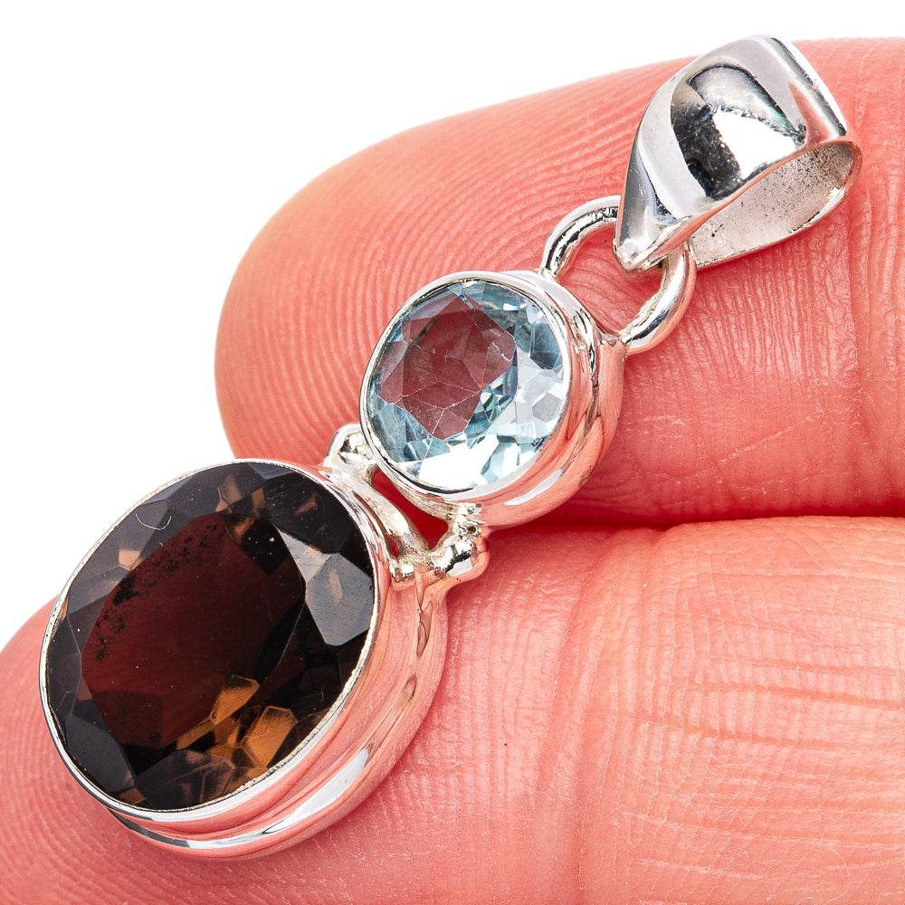Smoky Quartz, Blue Topaz Pendant 1 1/4" (925 Sterling Silver) P42099