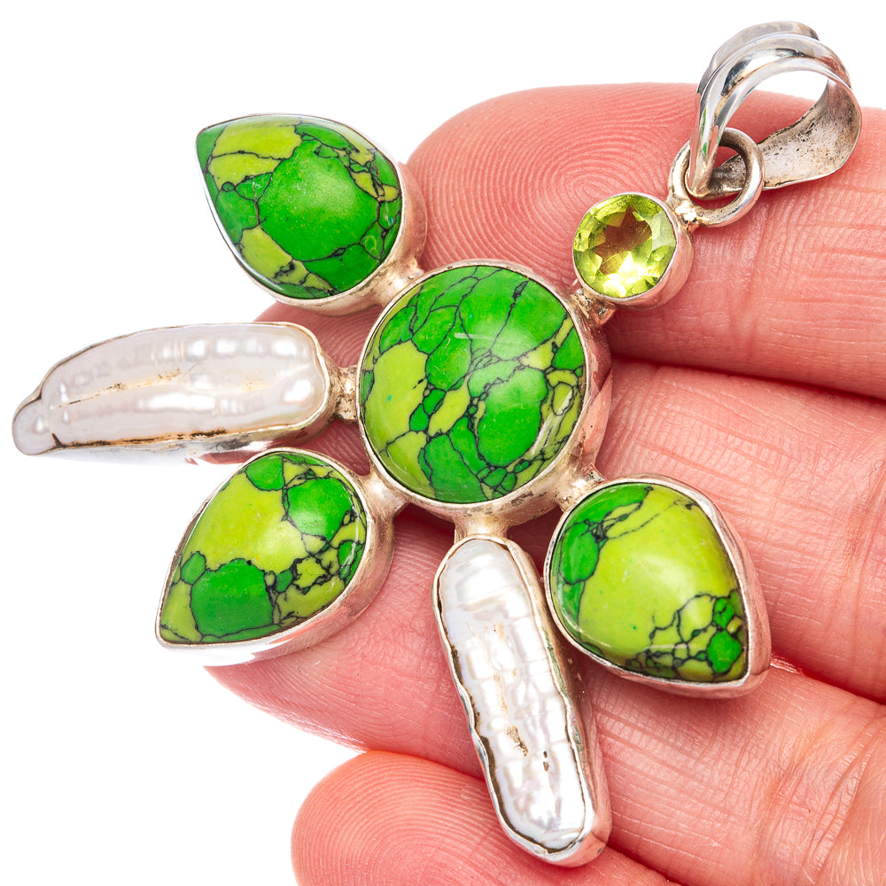 Green Copper Composite Turquoise, Mother Of Pearl, Peridot Pendant 2 1/8" (925 Sterling Silver) P40051