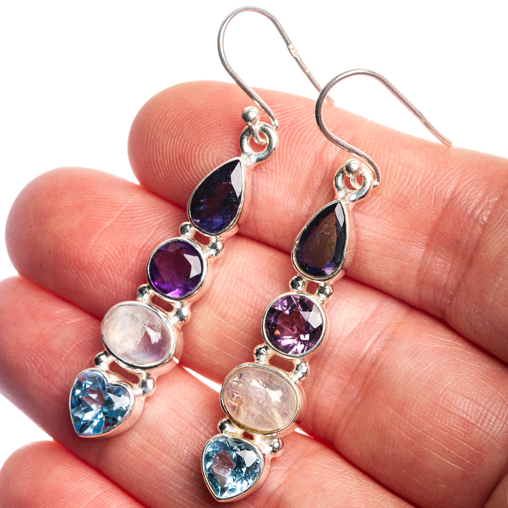 Rainbow Moonstone, Amethyst, Tanzanite, Blue Topaz 925 Sterling Silver Earrings 2"