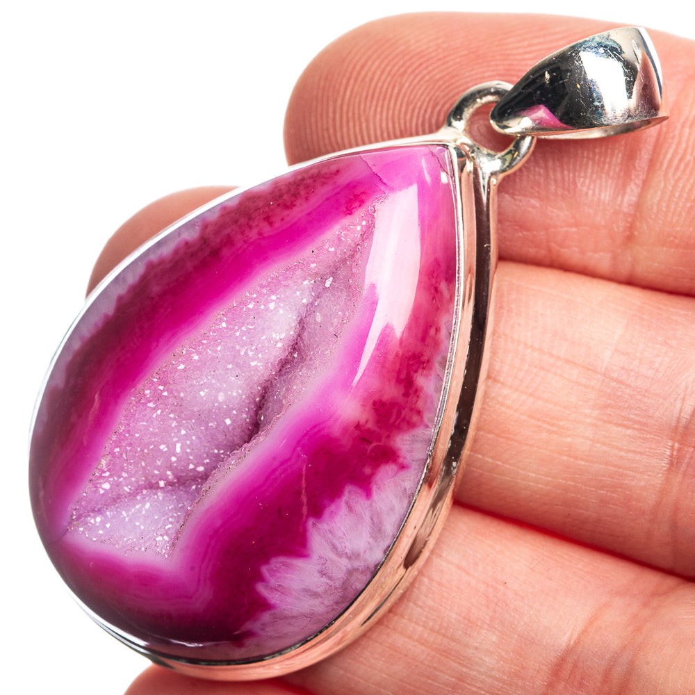 Pink Druzy 925 Sterling Silver Pendant 1 7/8"