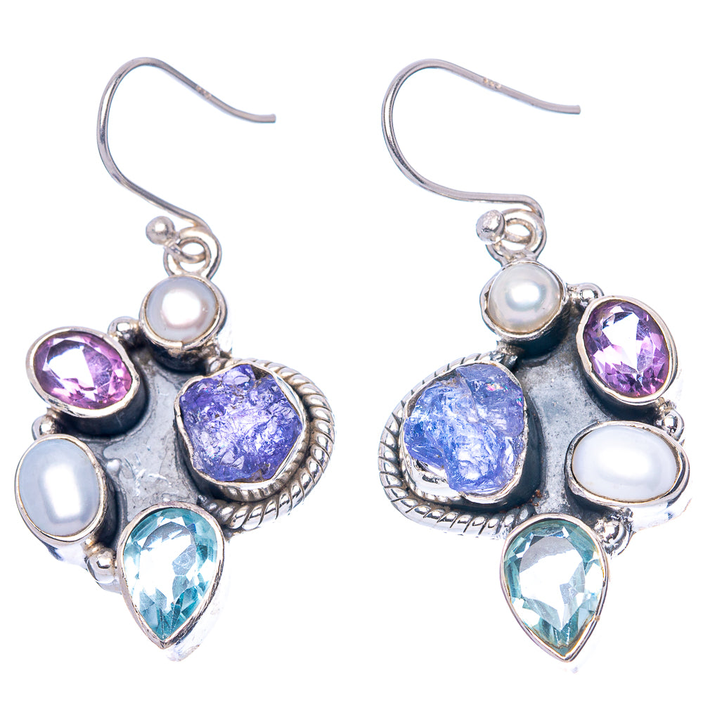 Premium Tanzanite, Blue Topaz, Amethyst, Cultured Pearl Earrings 1 3/4" (925 Sterling Silver) E1598