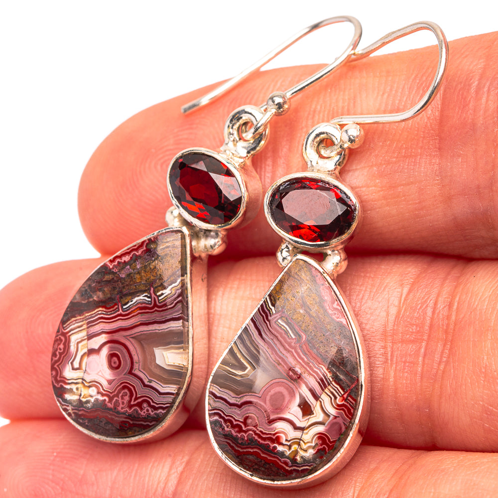 Crazy Lace Agate, Garnet 925 Sterling Silver Earrings 1 5/8" (925 Sterling Silver) EARR432222