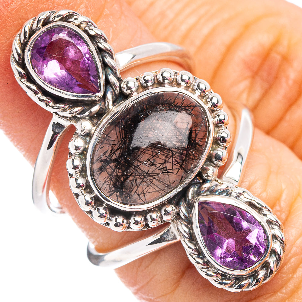 Premium Tourmalinated Quartz, Amethyst Ring Size 5.75 (.925 Sterling Silver)