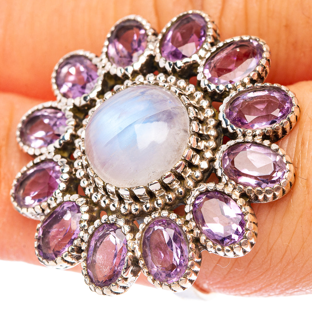 Rainbow Moonstone, Amethyst Flower Ring Size 6.5 (.925 Sterling Silver)