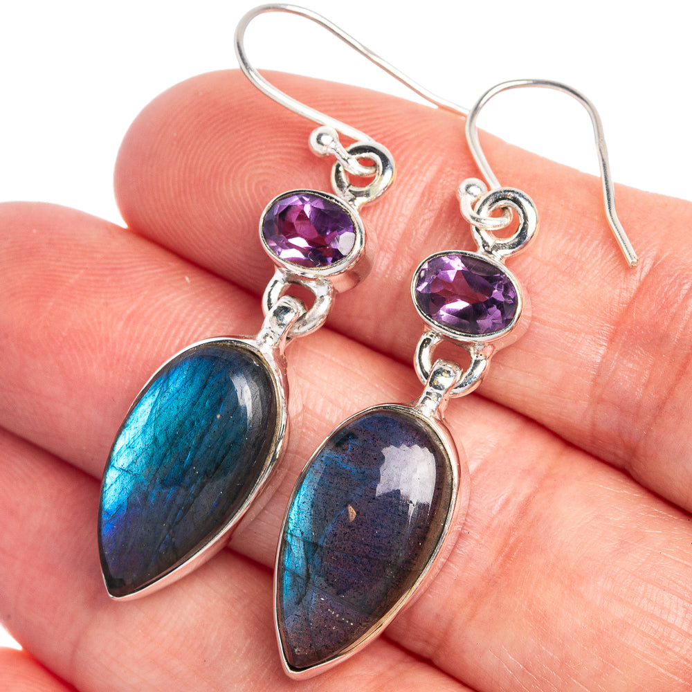 Labradorite, Amethyst Earrings 1 3/4" (925 Sterling Silver) E433040