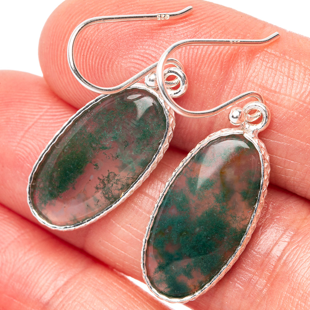 Green Moss Agate Earrings 1 3/8" (925 Sterling Silver) E1468