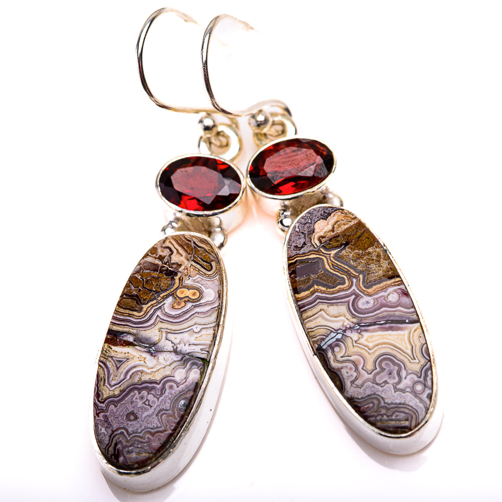 Crazy Lace Agate, Garnet Earrings 1 3/4" (925 Sterling Silver) EARR432191
