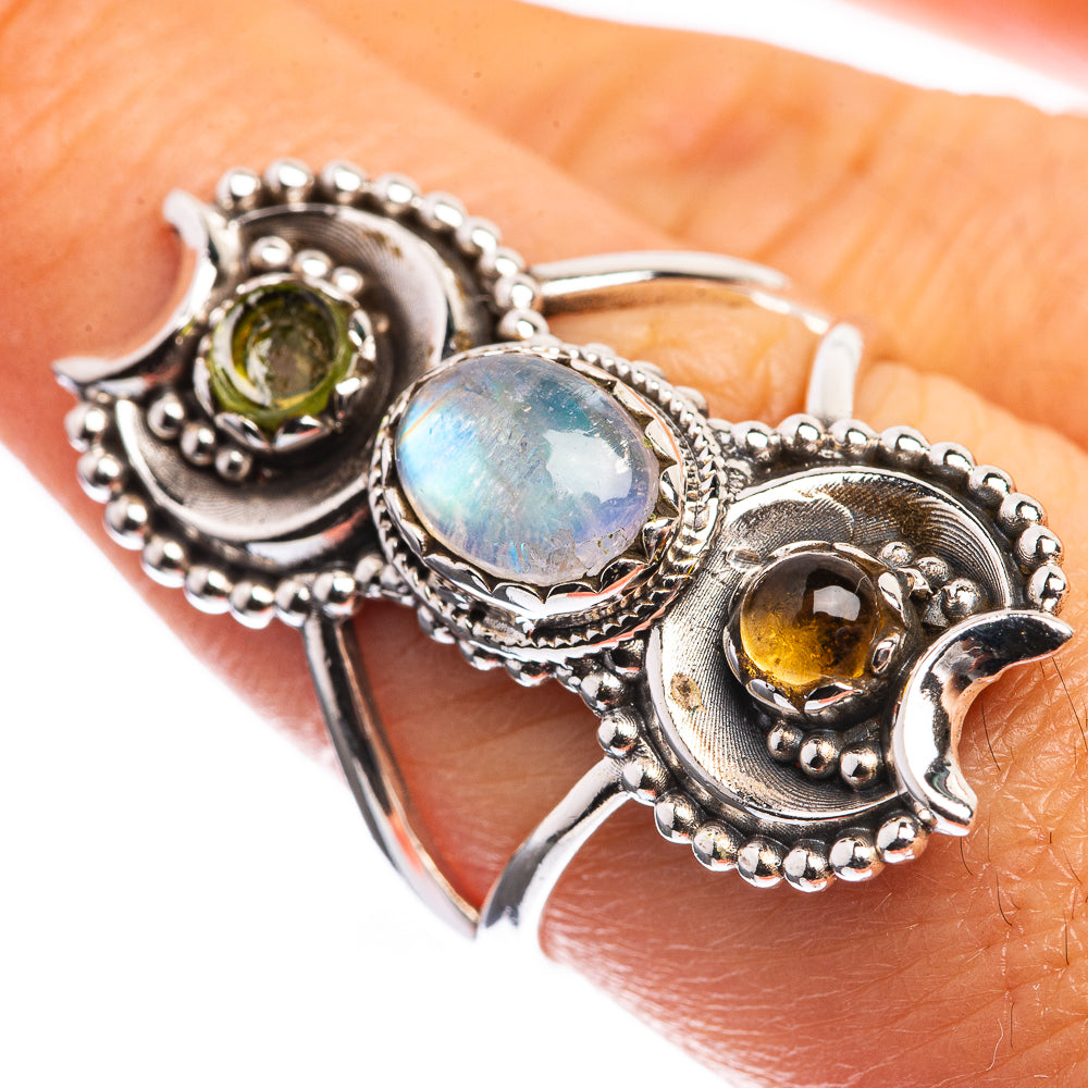 Rainbow Moonstone, Citrine 925 Sterling Silver Ring Size 8