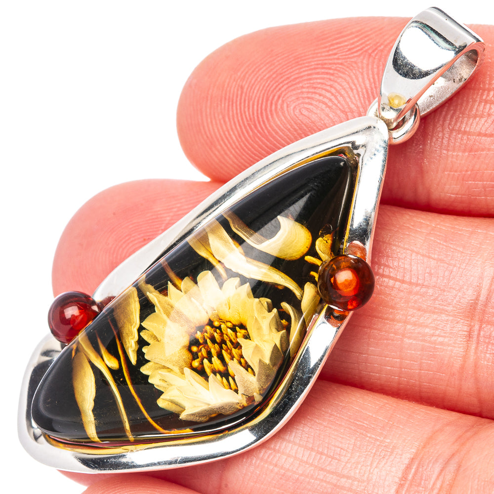 Amber Intaglio Sunflower Pendant 2" (925 Sterling Silver) P42569