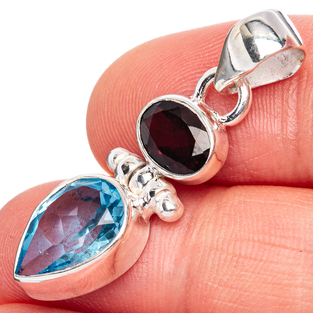 Blue Topaz, Garnet Pendant 1 3/8" (925 Sterling Silver) P42132