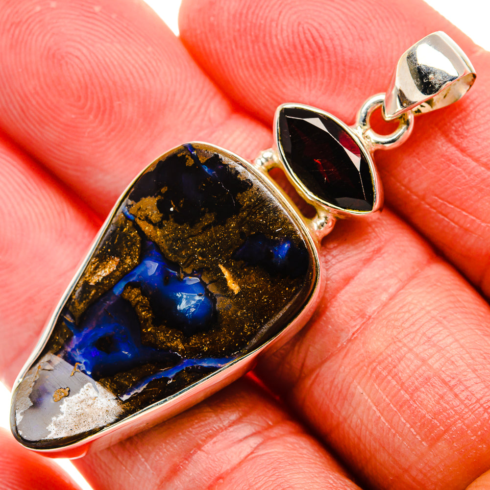 Boulder Opal, Garnet Pendant 2" (925 Sterling Silver) PD37886