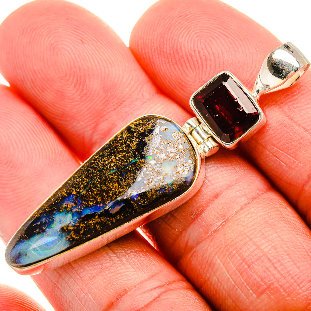 Boulder Opal, Garnet 925 Sterling Silver Pendant 2 1/8" (925 Sterling Silver) PD38402