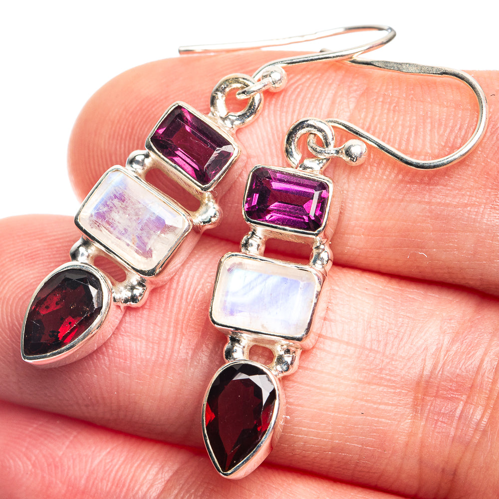 Rainbow Moonstone, Garnet Earrings 1 1/2" (925 Sterling Silver) E432702