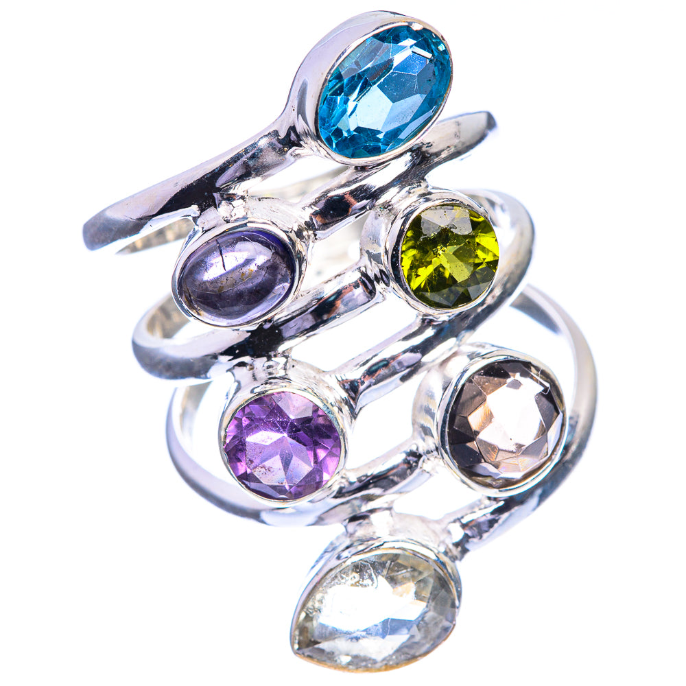Large Blue Topaz, Tanzanite, Peridot, Amethyst, Smoky Quartz, White Quartz Ring Size 8 (925 Sterling Silver) R143185