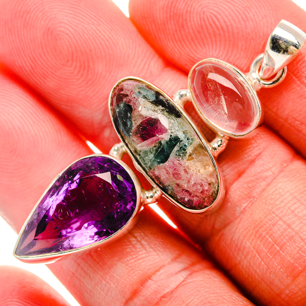 Natural Tourmaline, Amethyst, Rose Quartz Pendant 2" (925 Sterling Silver) PD38122