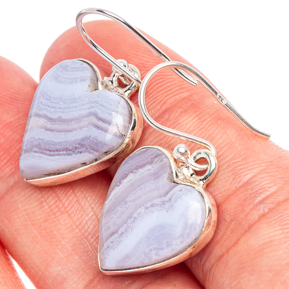 Blue Lace Agate Heart Earrings 1 1/4" (925 Sterling Silver) E1825