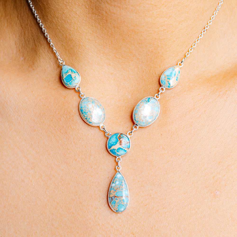Blue Imperial Jasper Necklace 16 to 18" (.925 Sterling Silver)