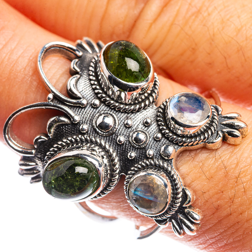 Large Green Tourmaline, Rainbow Moonstone Ring Size 9 (925 Sterling Silver) R144198