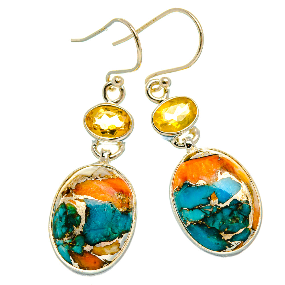 Spiny Oyster Turquoise, Citrine Earrings 1 5/8" (925 Sterling Silver) EARR432054