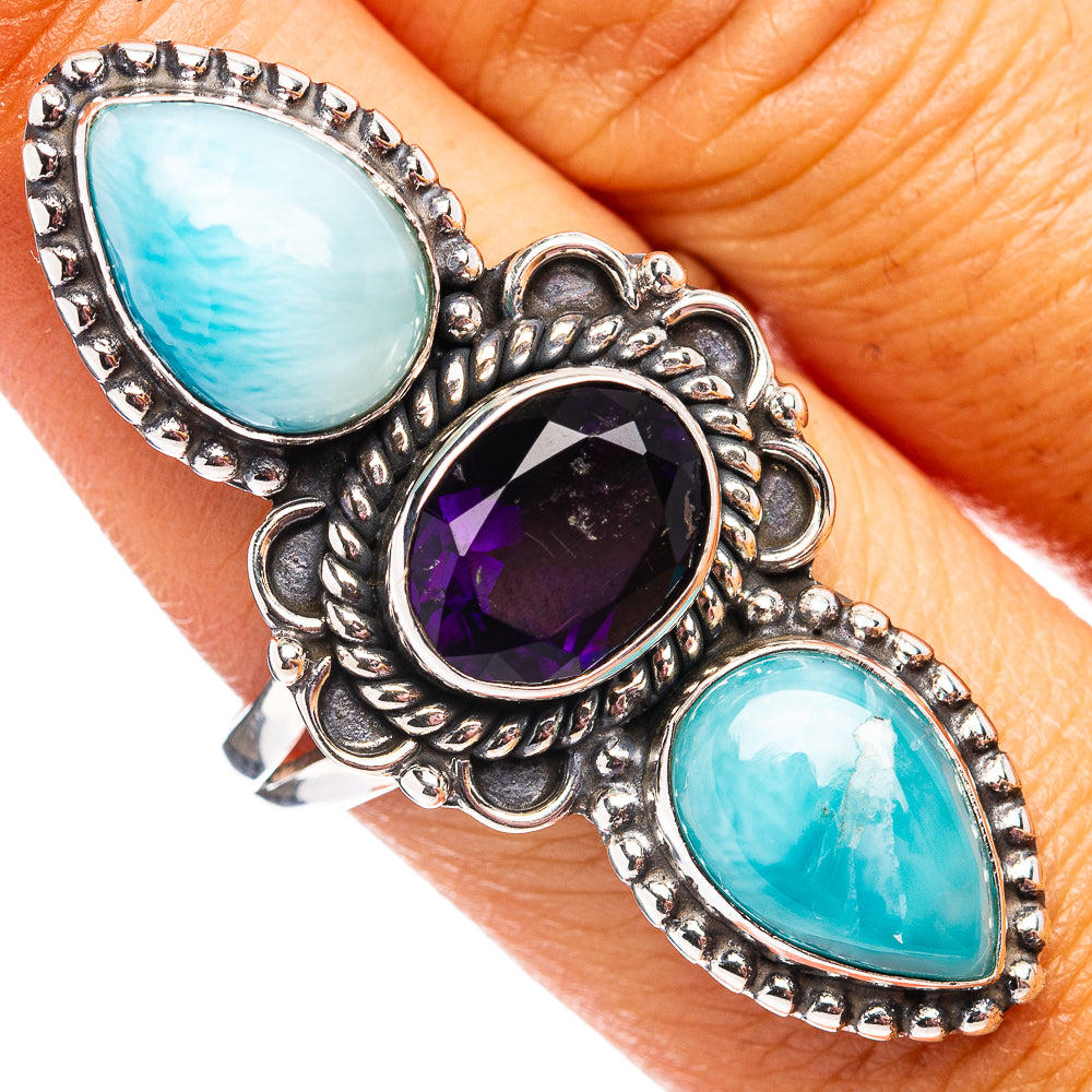 Premium Larimar, Amethyst Ring Size 9 (.925 Sterling Silver)