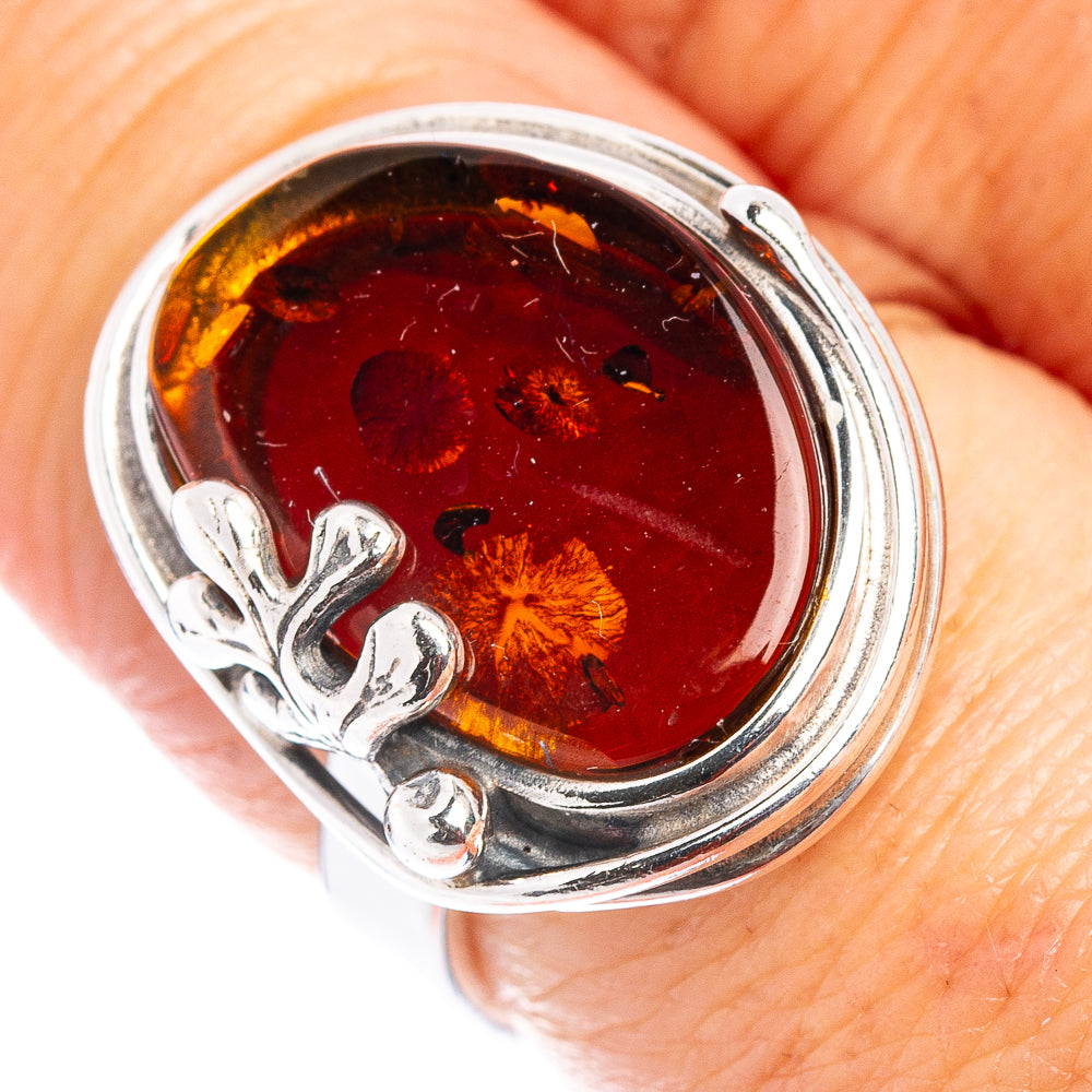 Baltic Amber Leaf Ring Size 7 Adjustable (.925 Sterling Silver)
