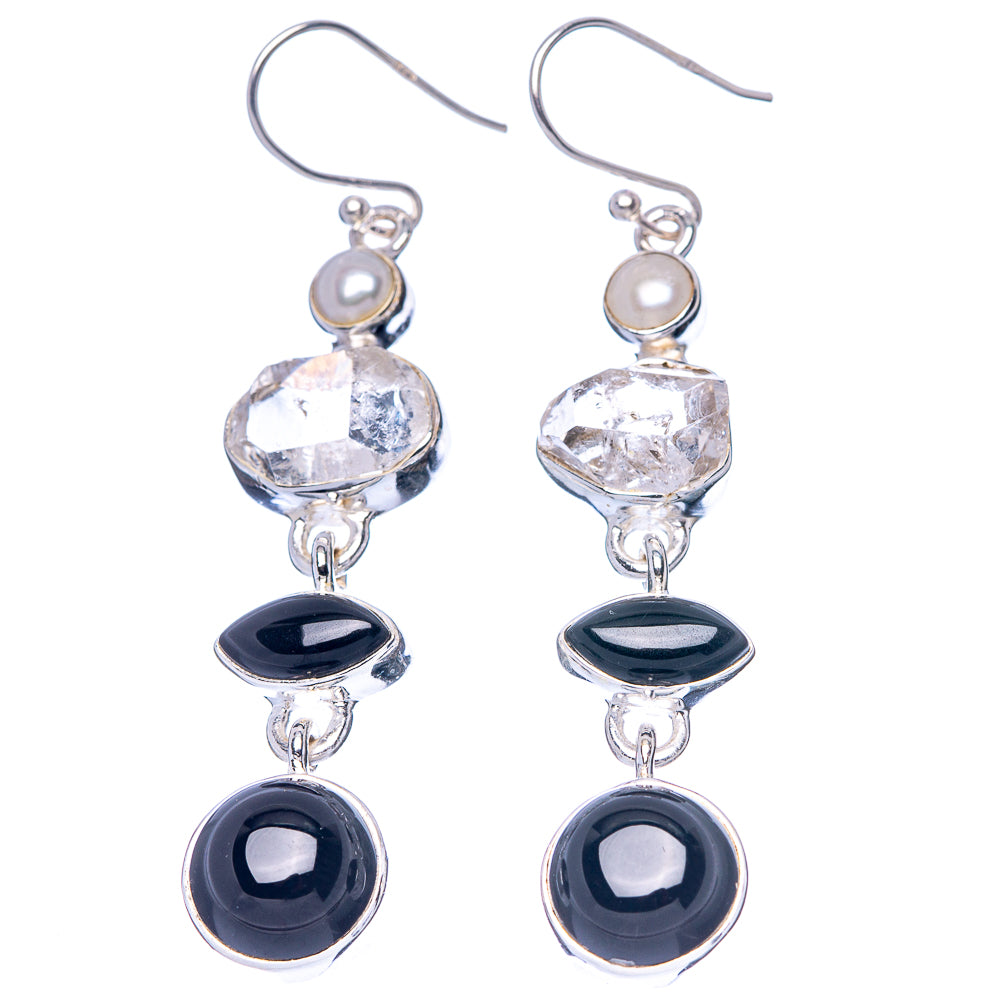 Premium Black Onyx, Herkimer Diamond, Cultured Pearl Earrings 2 1/4" (925 Sterling Silver) E1674