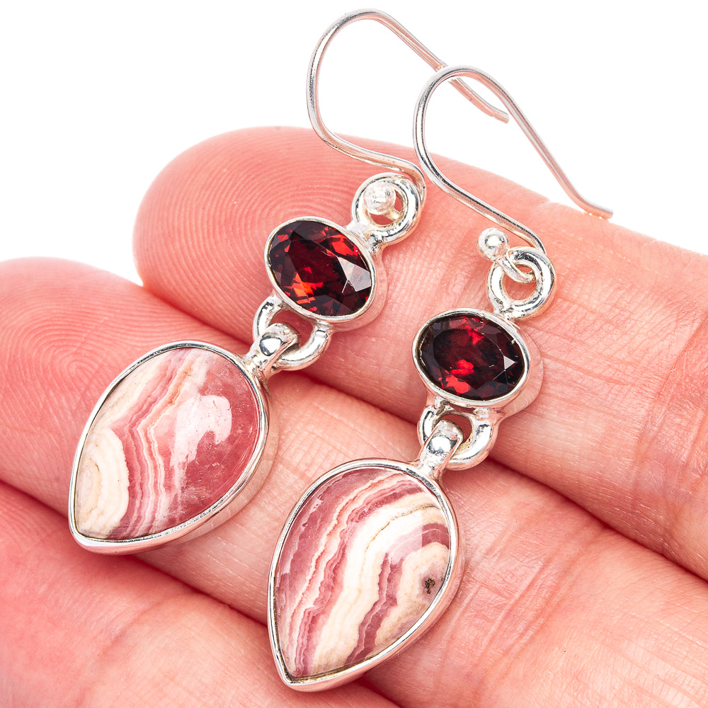 Rhodochrosite, Garnet Earrings 1 3/4" (925 Sterling Silver) E433058