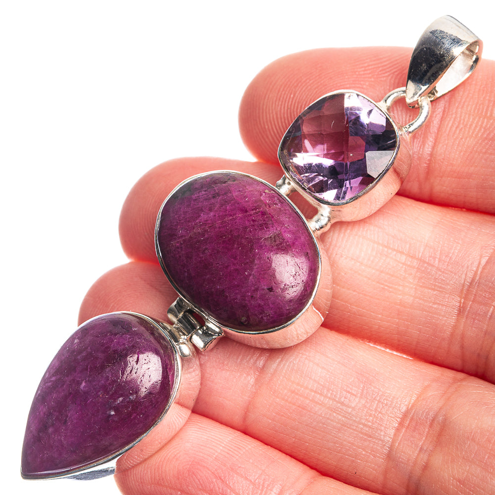 Ruby Zoisite, Amethyst 925 Sterling Silver Pendant 2 1/2"