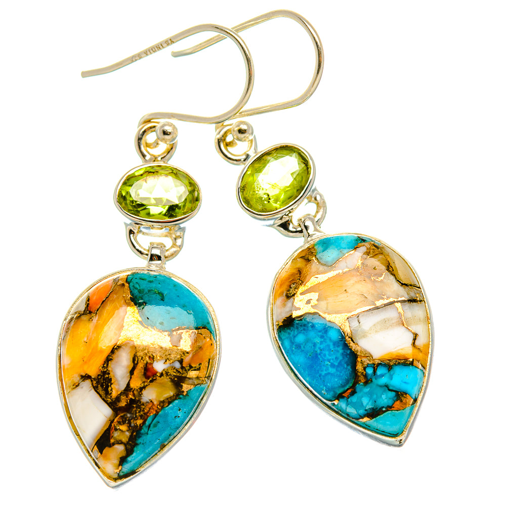 Spiny Oyster Turquoise, Peridot Earrings 1 3/4" (925 Sterling Silver) EARR432021