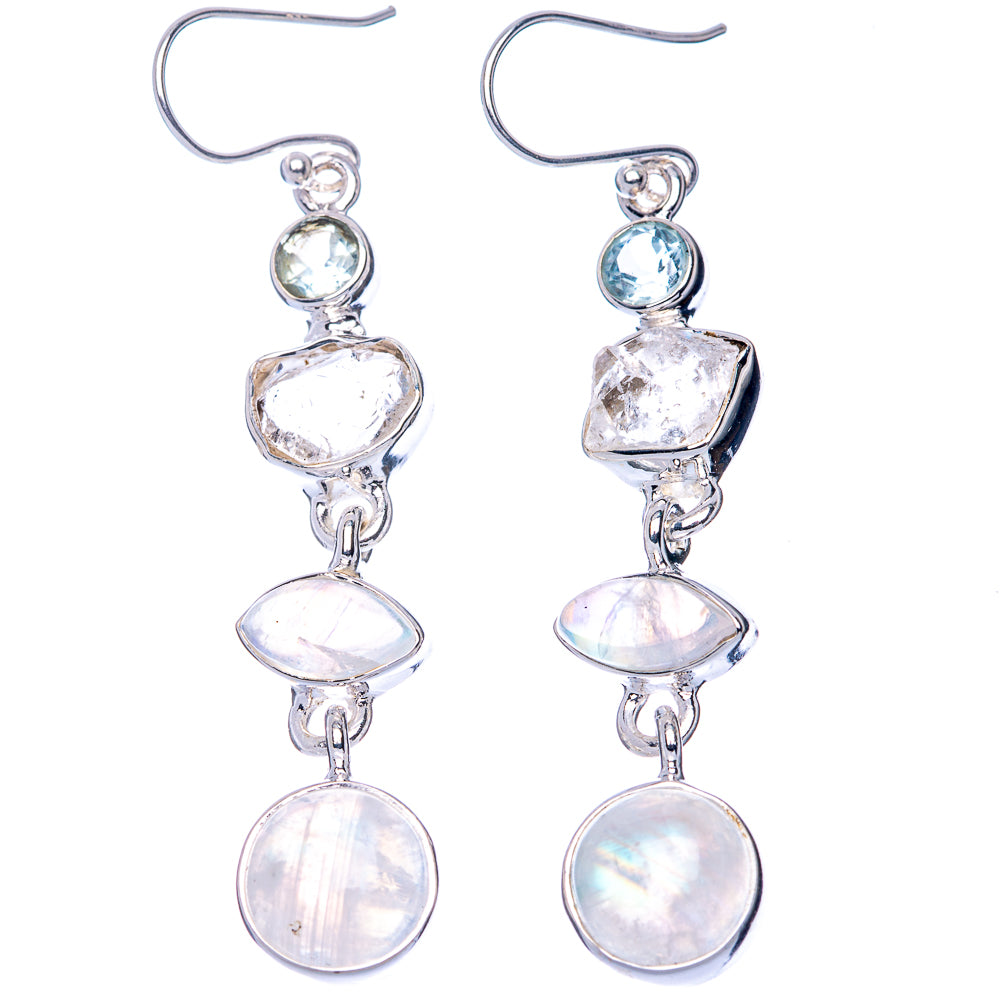 Premium Rainbow Moonstone, Herkimer Diamond, Blue Topaz 925 Sterling Silver Earrings 2 3/8" (925 Sterling Silver) E1223
