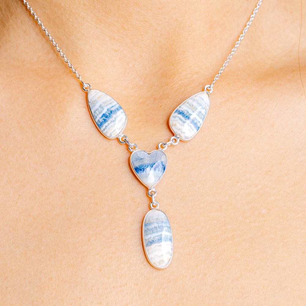 Blue Scheelite Heart Necklace 17 to 19" (.925 Sterling Silver)
