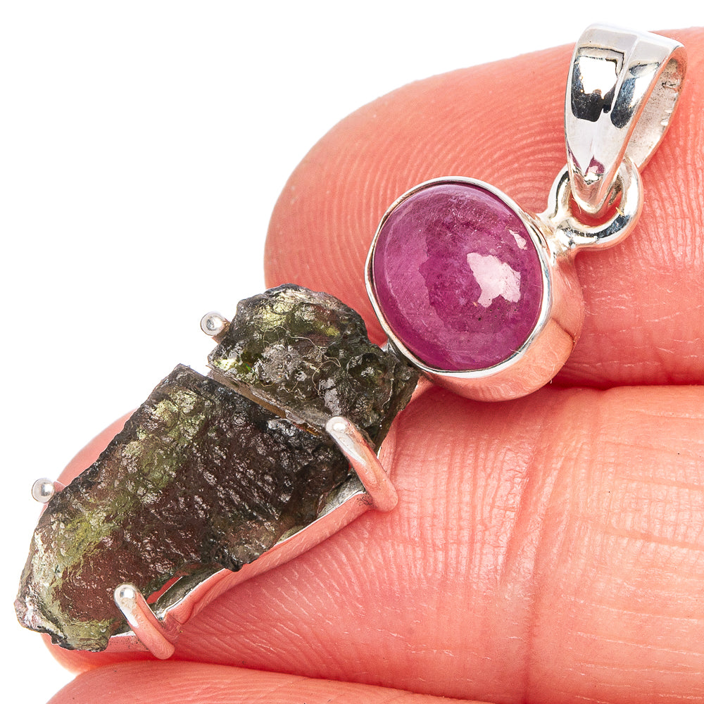Rare Czech Moldavite Ruby Pendant 1 1/2" (925 Sterling Silver) P40395