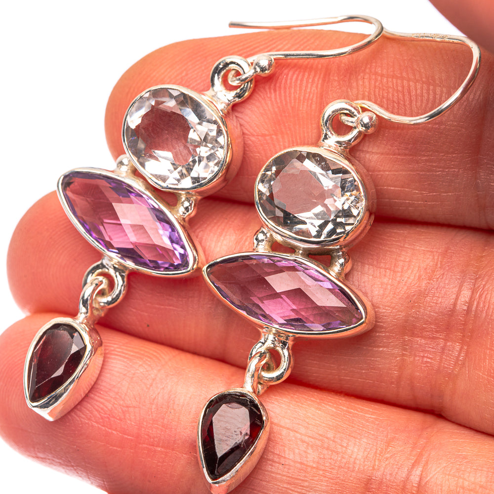 Amethyst, White Quartz, Garnet Earrings 1 7/8" (925 Sterling Silver) E432255