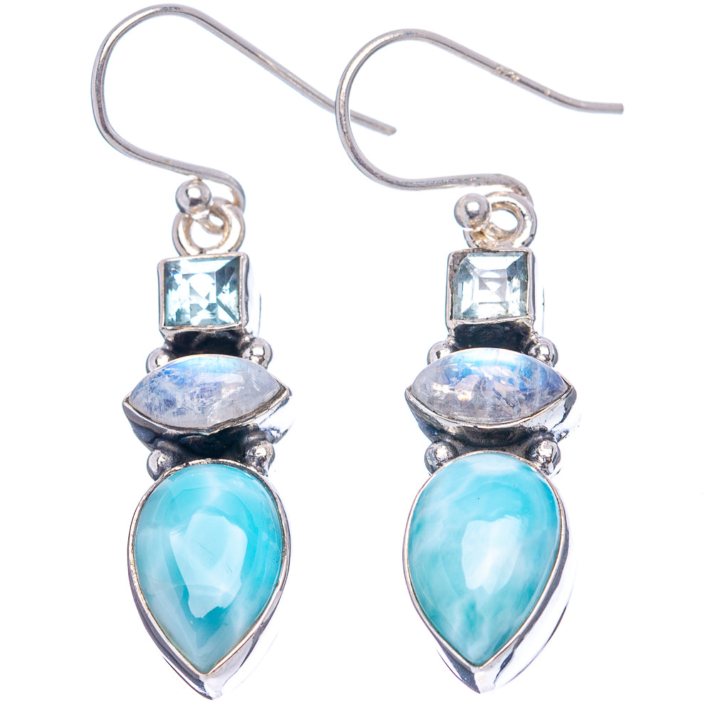 Premium Larimar, Rainbow Moonstone, Blue Topaz Earrings 1 5/8" (.925 Sterling Silver)