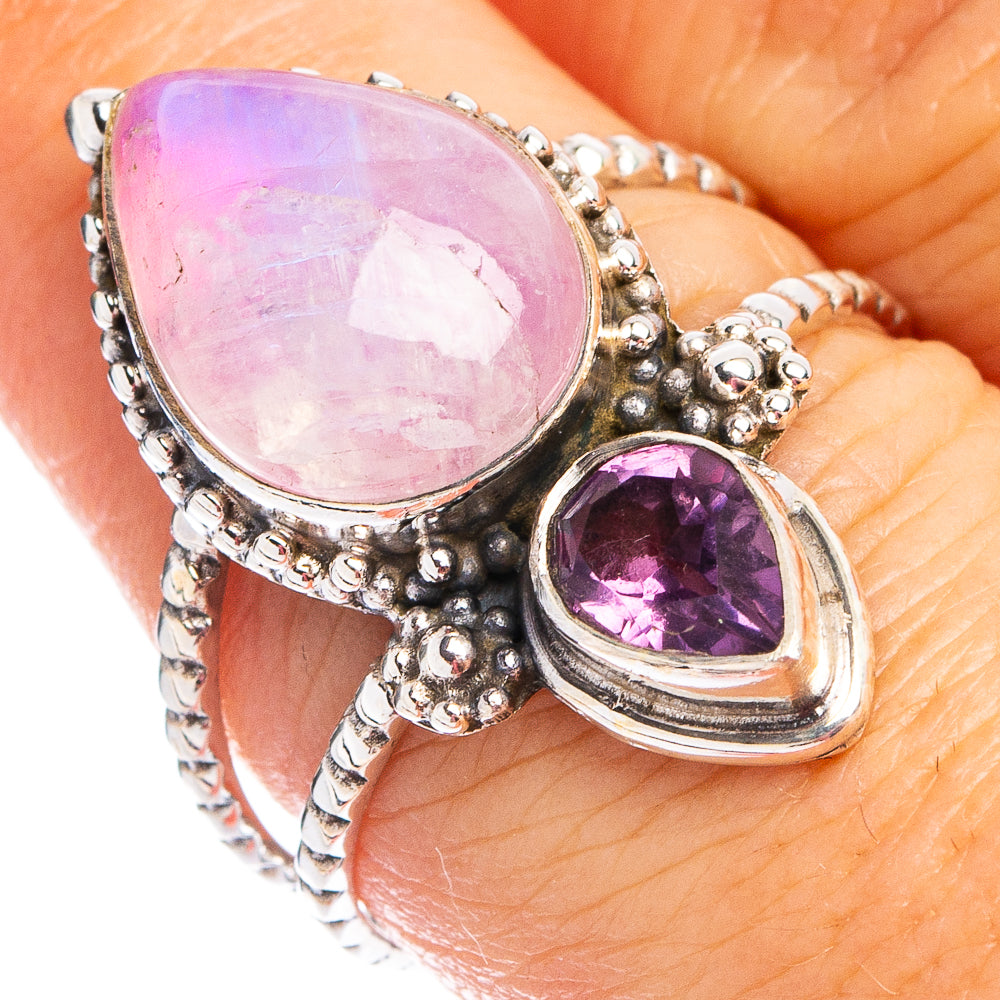 Pink Moonstone, Amethyst Ring Size 8 (.925 Sterling Silver)