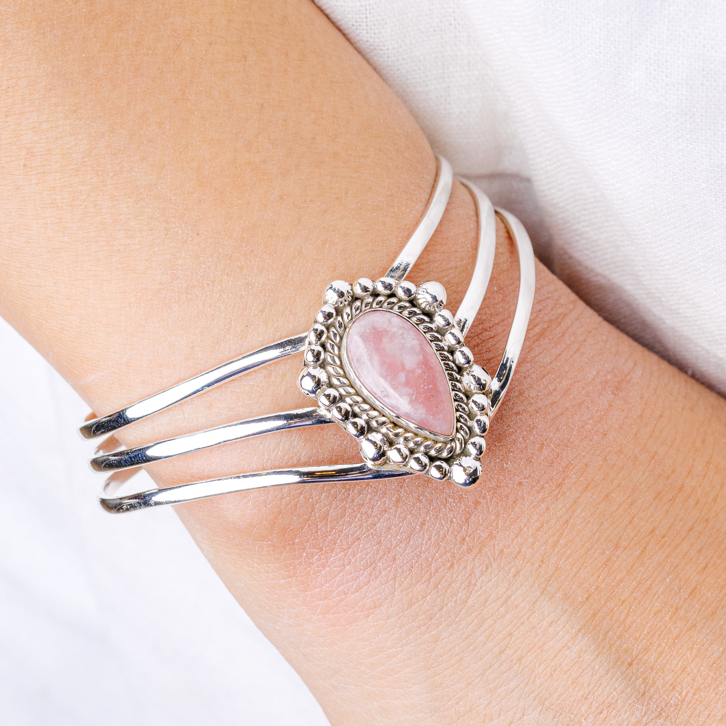 Pink Opal Cuff Bracelet Adjustable (925 Sterling Silver) B90431