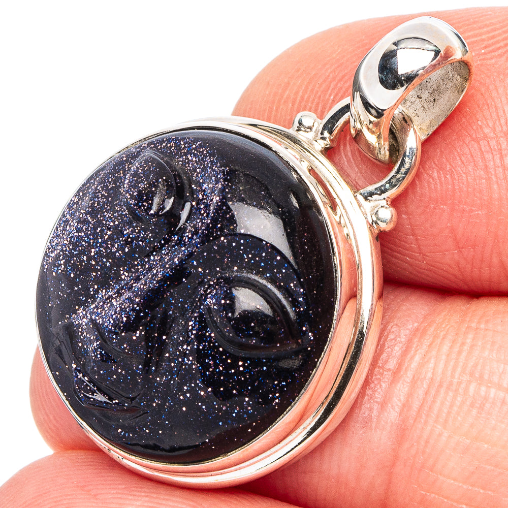 Blue Goldstone Carved Face Pendant 1 1/8" (.925 Sterling Silver)