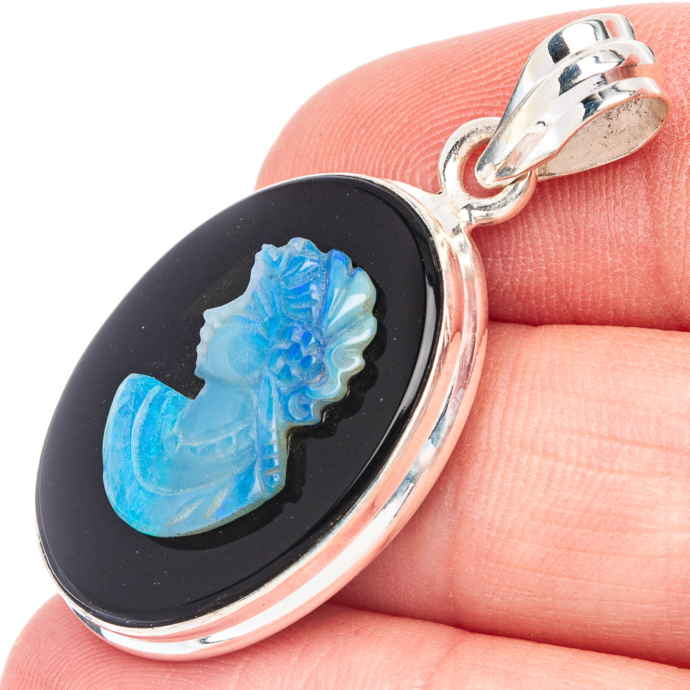 Carved Opal Lady Cameo On Black Onyx Pendant 1 1/2" (925 Sterling Silver) P44625
