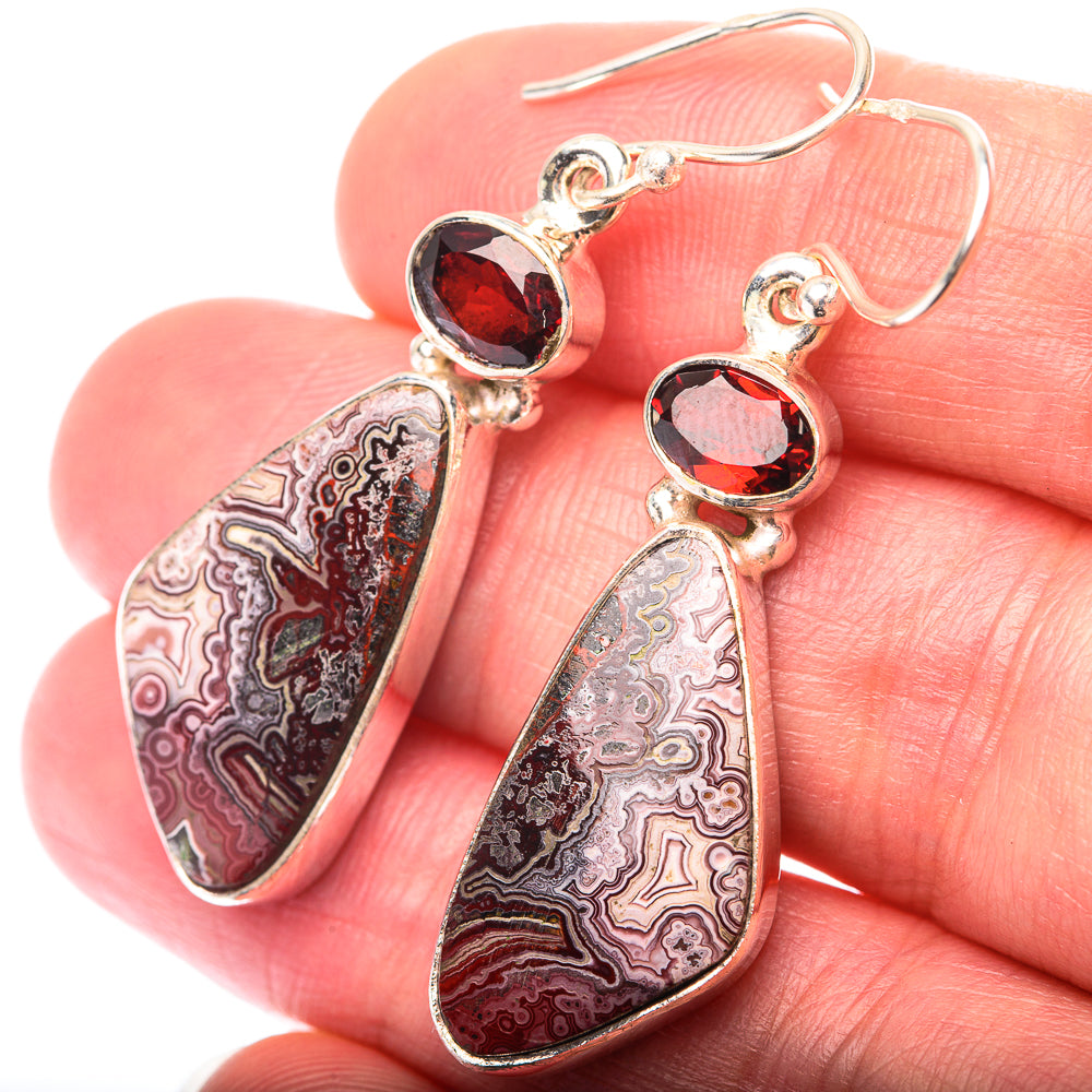 Crazy Lace Agate, Garnet Earrings 1 3/4" (925 Sterling Silver) EARR432193