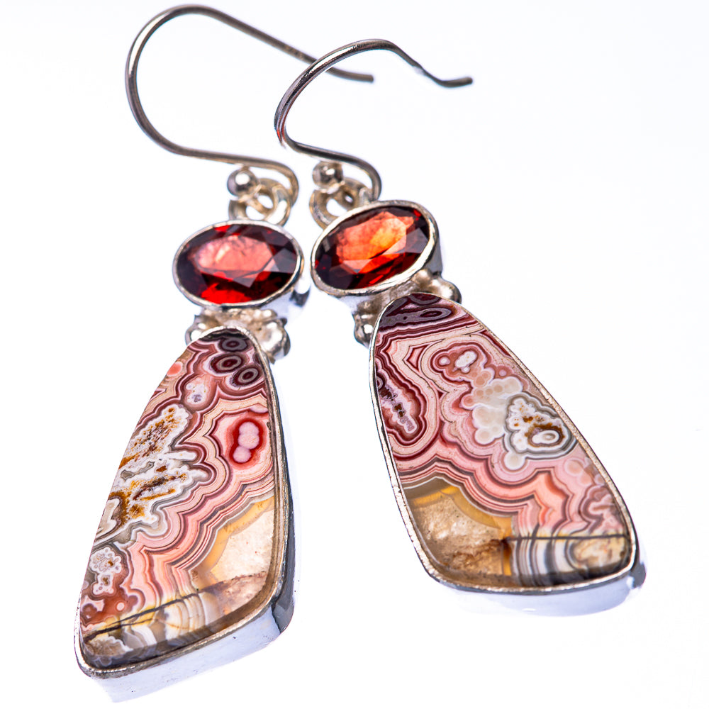 Crazy Lace Agate, Garnet 925 Sterling Silver Earrings 1 3/4" (925 Sterling Silver) EARR432223