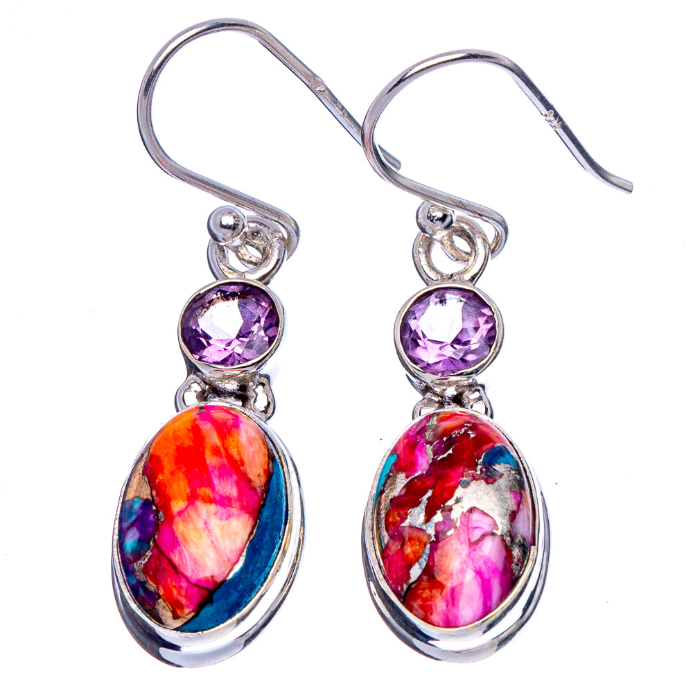 Kingman Pink Dahlia Turquoise, Amethyst Earrings 1 3/8" (925 Sterling Silver) E1834