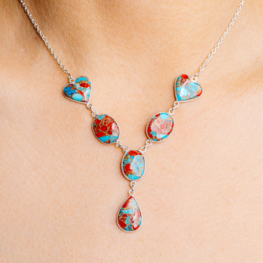 Coral Turquoise Matrix Necklace 16 to 17" (.925 Sterling Silver)
