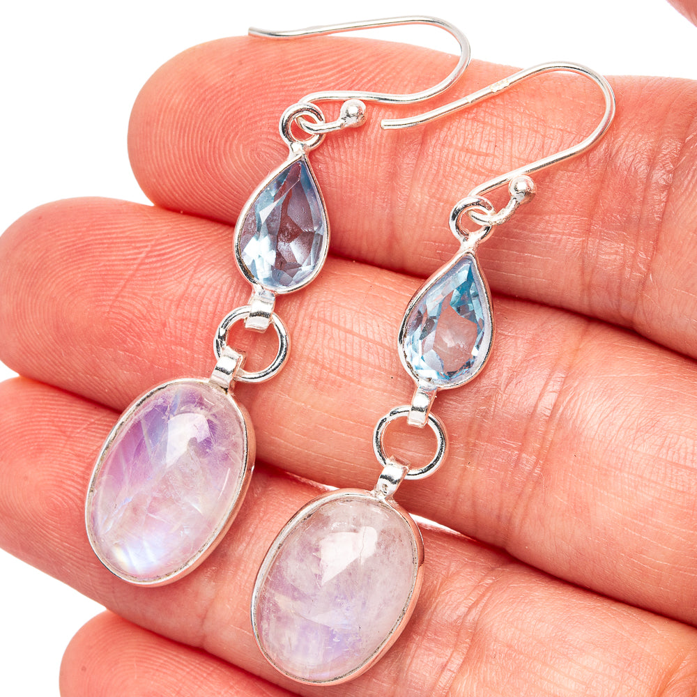 Rainbow Moonstone, Blue Topaz Earrings 2" (.925 Sterling Silver)