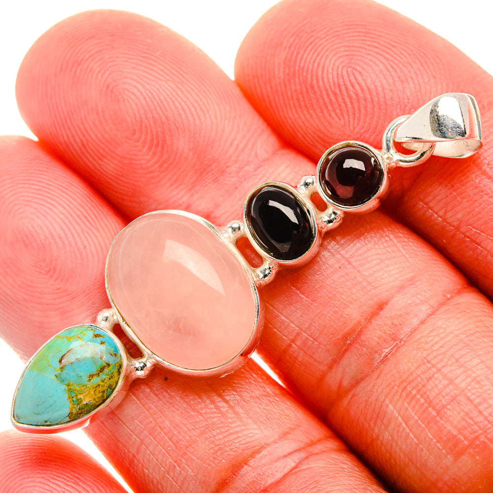Rose Quartz, Tibetan Turquoise, Garnet Pendant 2" (925 Sterling Silver) PD38154
